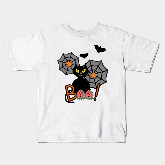 BLACK Cat Happy Halloween With Bats And Pumpkins Kids T-Shirt by SartorisArt1